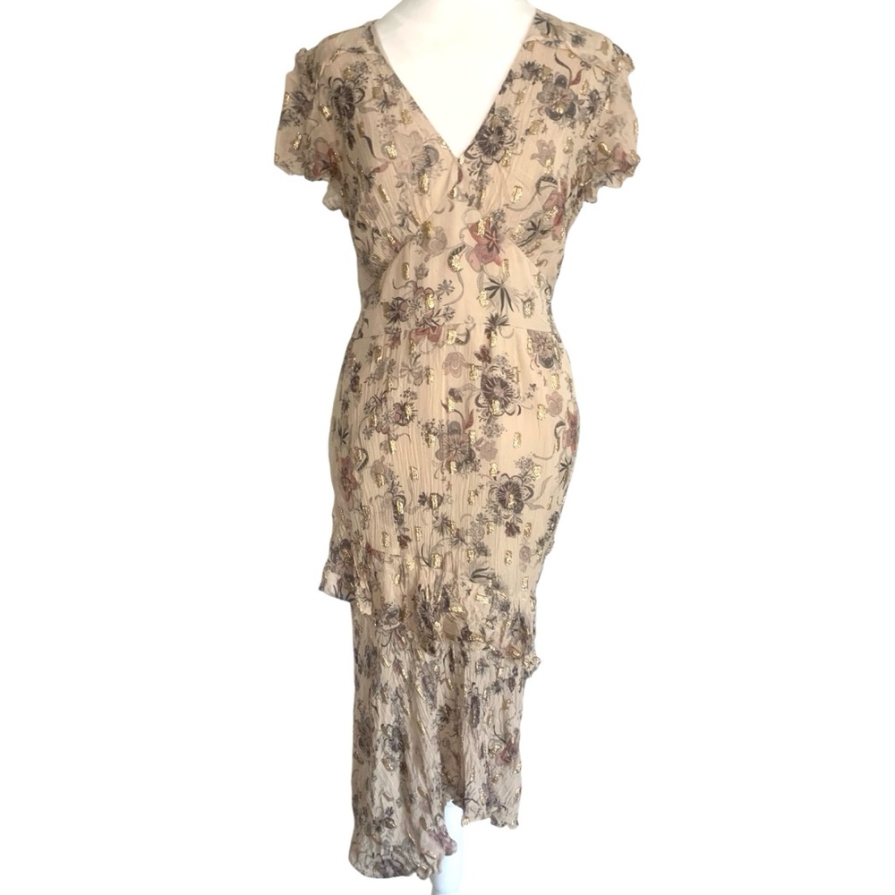 Reiss Fairy Flutter Midi Audrey Dress Beige Metallic Floral Ruffle V Neck Luxury